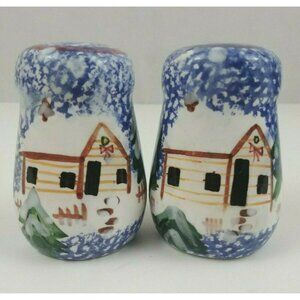 Blue Sponge Ware Hand Painted Winter Holiday Scene Salt and Pepper Shakers